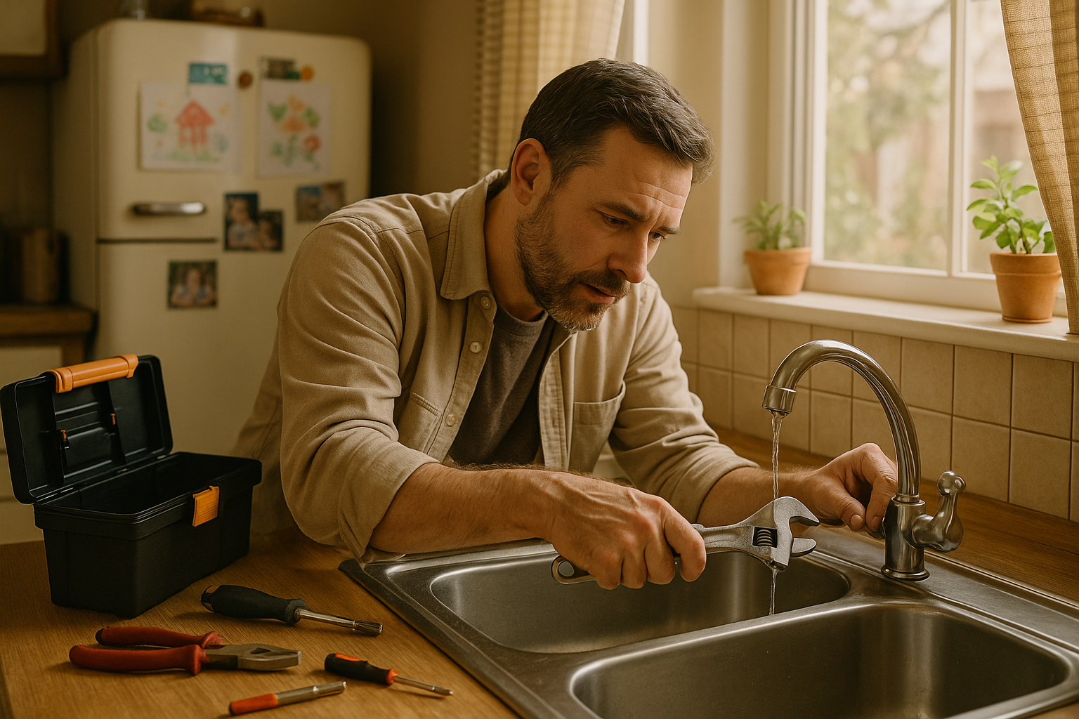 genera un'immagine in cui un padre di famiglia si dedica a piccole manutenzioni nella sua casa